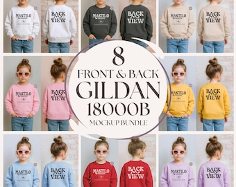 Gildan 18000B Kids Front and Back Sweatshirt Mockup Bundle, Youth Model Mock-up Bundle, Print on Demand Mockups, Kids Sweater Mockup