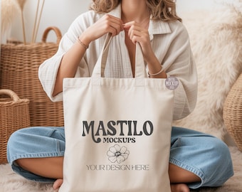 Boho Canvas Tote Bag Mockup, Natural High Quality Lifestyle Shopping Bag Mock-up, Aesthetic Boho Style Model Mock, Blank Tote Bag, Cotton