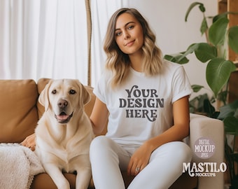 Dog Shirt Mockup, White Bella Canvas 3001 T-shirt Mockup, Mockup with Dog, Lifestyle Mockup, Bella Canvas White Shirt, Dog Mom Mockup