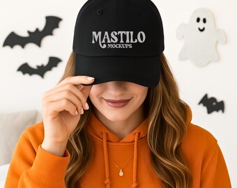 Black Halloween Yupoong 6245CM Hat Mockup, Black Dad Hat Mockup, Baseball Black Female Mockup, Dad Cap Mockup, Female Hat Mockup