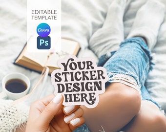 ステッカーモックアップCanva、Photoshopステッカーモックアップ、ステッカーモックアップPSDファイル、手持ちステッカー、ステッカーモックアップBoho、ダイカットステッカーモックアップ