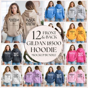 以下が含まれることがあります： 様々な色のGildan 18500パーカーのモックアップバンドル。前面と背面からのビューを表示しています。「MASTILO」ロゴと「BACK VIEW」の文字が入っています。画像にはパーカーを着たモデルが含まれています。
