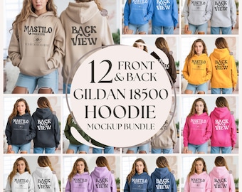 Gildan 18500 Front Back Hoodie Mockup Bundle, 18500 Front and Back Mockups, Front and Back Mockup Bundle, 12 Front Back Hoodie Mockups
