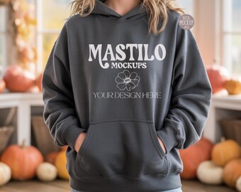 Fall Mockup, Gildan 18500 Dark Heather Hoodie mockup, Autumn Mockup, Pumpkin Patch Mockup, Fall Hoodie Mockup, Halloween Mockup, G18500