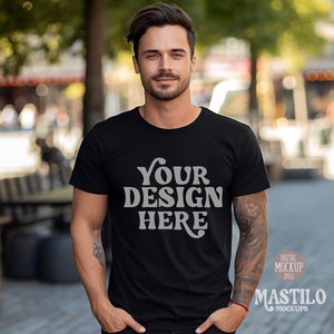 Bella Canvas 3001 mockup zwart, herenshirtmodel, zwart T-shirtmodel, 3001 herenmodel T-shirtmodel, papa-shirtmodel