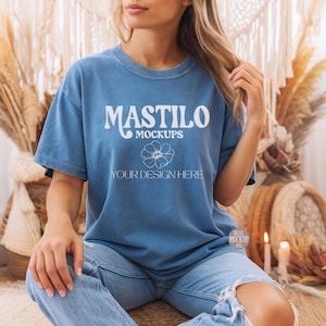 Comfort Colors C1717 Blue Jean Shirt Mockup, CC1717 Blue Jean T-Shirt Mockup, Graphic Tee Mockup, Blue Shirt Mockup, Woman Model Mockup