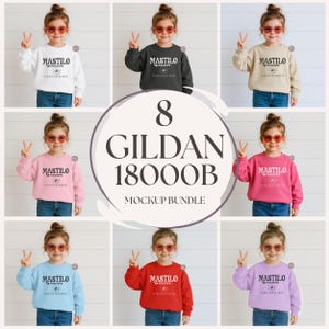 Mockup kindertrui, kindermodel Gildan 18000B, meisjesmodel, sweater Little Kids-mockup, mock-up sweater, kindershirt met ronde hals boho