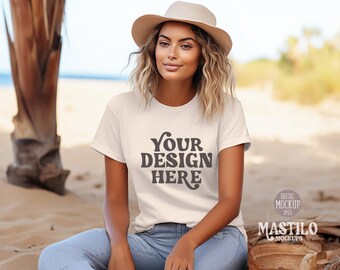 Sand Gildan 5000 T-shirt mockup, Lifestyle Boho Model Mockup, Styled Shirt Mockup, Womens Tee Mockup, Gildan 5000 Mockup, Boho Outdoors