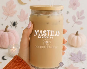 Halloween 16oz Glass Can Mock up, Fall Rustic Farmhouse Mockup, Sipper Glass Mock ups, cozy Autumn Mockup Pink Boho aesthetic Mug Mockups