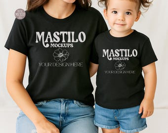 MOMMY AND ME Black T-shirt Mockup, Mommy & Me Mock Up Bela Canvas 3001 Black, Mommy And Daughter Mockup, Family Mockup Boho, Trendy Mockup