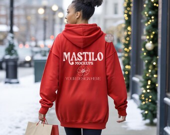 Gildan 18500 Rot Weihnachten Hoodie Mockup, Winter Urlaub Sweatshirt Mockup, Gemütliches Mockup, Festliches Urban g185 Boho Lifestyle Modell Mockup