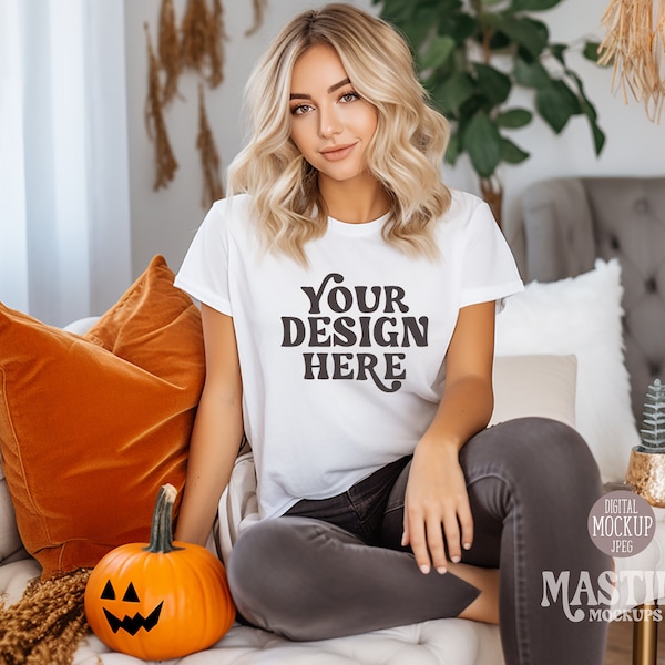 Halloween Model Mockup, Halloween White Shirt Mockup, White Bella Canvas 3001 T-shirt, Halloween Model Mockup, Halloween Mockup