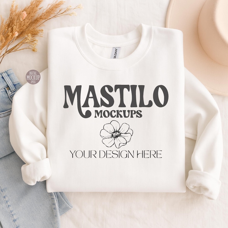 Gildan 18000 White Sweatshirt Mockup, Folded White Flat Lay Crewneck Mock Up, Simple Styled White Mockups Flatlay Sweater G180 POD Mock-up