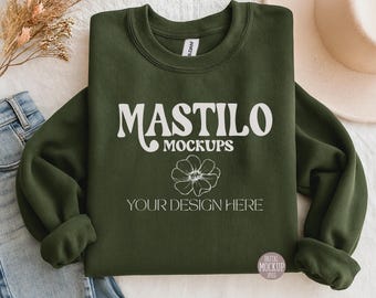 Gildan 18000 Military Green Sweatshirt Mockup, Folded Dark Green Flat Lay Crewneck Mock Up, Simple Styled Military Green Mockups Flatlay POD