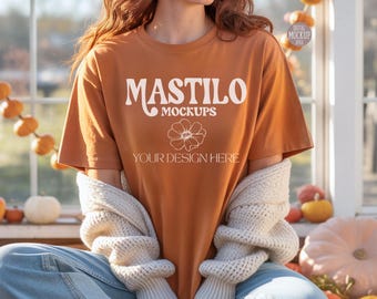 Comfort Colors C1717 Yam Shirt Mockup, CC1717 Orange T-Shirt Mockup, Grafisches T-Shirt Mockup, Herbst Mockup, Frau Modell Mockup, Herbst T-Shirt