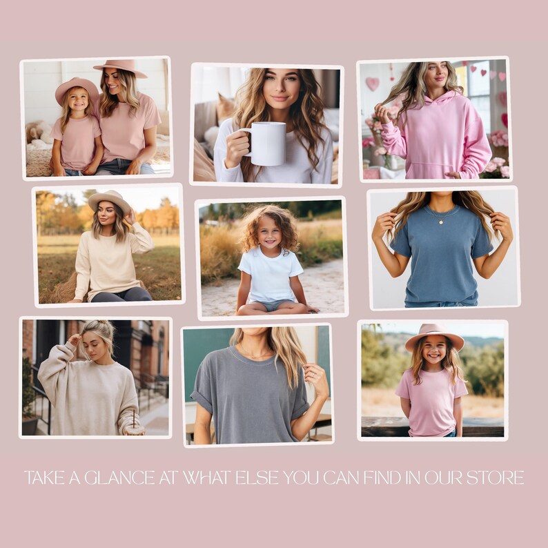 The image is a collage of nine photos featuring women in various outfits, including tops, dresses, and casual clothing. The collage is arranged in a grid format, with each photo placed in a square. The text at the bottom of the image encourages viewers to "Take a glance at what else you can find in our store".