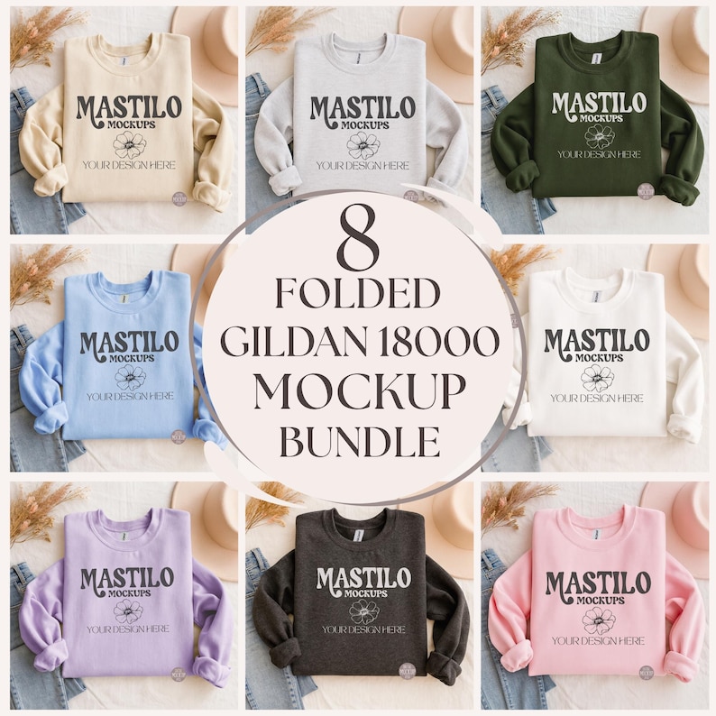 Folded Gildan 18000 Sweatshirt Mockup Bundle, G18000 Crewneck Mock-up Bundle, Sweatshirt Mockups, Boho Gildan 18000 Flatlay POD folded Mocks