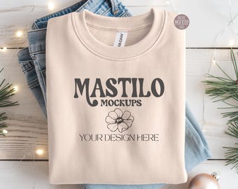Sand Gildan 18000 Mockup, Christmas Sweatshirt Mockup, Sand Folded Sweater Flat lay Mockup, Winter Flat lay Mockup, Boho Aesthetic