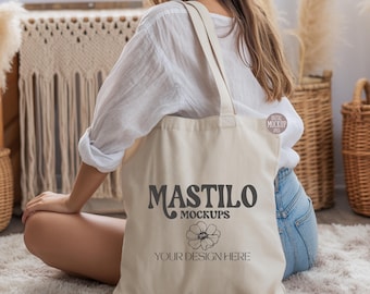 Canvas Tote Bag Mockup, Natural High Quality Lifestyle Shopping Bag Mock-up, Aesthetic Boho Style Model Mock, Blank Tote Bag, Cotton Beige