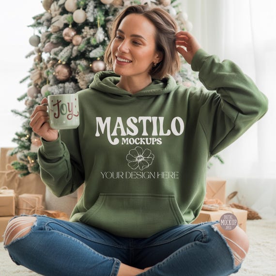 Gildan 18500 Military Green Christmas Hoodie Mockup, Winter