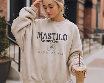 Gildan Sand Sweatshirt Mockup, Sweatshirt Model Mockup, Gildan Sand, 18000 Sand, Boho Trendy Simple Mockup, Gildan 18000 Mockup
