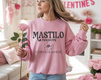 Lichtroze Gildan 18000-model Valentijnsdag, Valentijnsdag Gildan-model, Gildan 18000 roze model, Valentijnsdagmodel, sweatshirtmodel