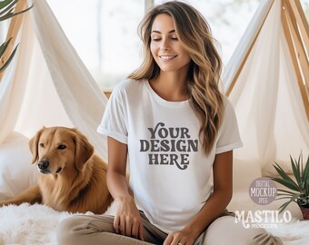 Dog Mom Mockup, Dog Parent Tshirt, White Bella Canvas 3001 T-shirt Mockup, Model Mockup, Lifestyle Mockup, Bella Canvas White Shirt