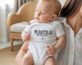 White Baby Bodysuit Mockup, Rabbit Skins 4424 Infant Fine Jersey Bodysuit Mockup, Lifestyle Baby Mockup, Baby One piece mockup, RS4424