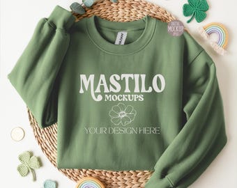 Gildan 18000 Military Green Folded Sweatshirt Mockup | Green Crewneck Mockup JPG | Flat Lay Apparel Mockup | St Patrick Styled Mockup
