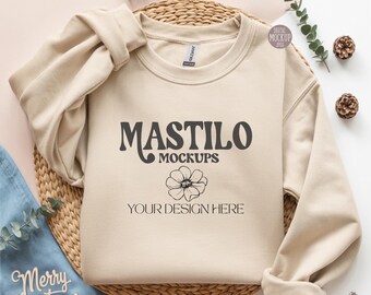 Christmas Sand Gildan 18000 Mockup, Christmas Sweatshirt Mockup, Sand Folded Sweater Flat lay Mockup, Winter Flat lay Mockup, Boho Aesthetic