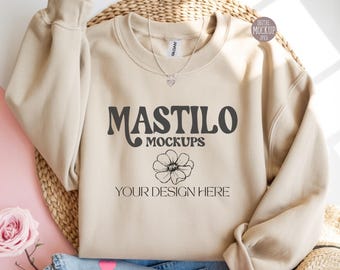 Folded Gildan 18000 Sand Sweatshirt Mockup, Folded Tan Flat Lay Crewneck Mock Up, Valentine's Day Simple Styled Beige Mockups Flatlay