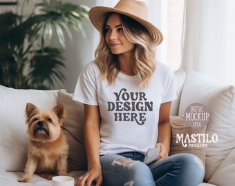 T-shirt Mockup with Dog, Dog Shirt Mockup, White Bella Canvas 3001 T-shirt Mockup, Lifestyle Mockup, Bella Canvas White Shirt, Dog Mom Shirt