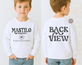 White Gildan 18000B Boy Front and Back Sweatshirt Mockup, Boy Youth Model Mock-up, Print on Demand Mockups, White Kids Sweater Mockup