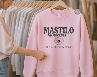 Light Pink Gildan 18000 Mockup, Gildan Sweatshirt Lifestyle Mockup, Boho Trendy Simple Mockup, POD Sweatshirt Mockup, Minimal Aesthetic Mock
