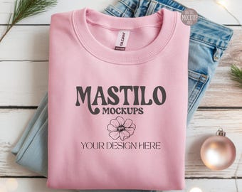 Light Pink Gildan 18000 Mockup, Christmas Sweatshirt Mockup, Pink Folded Sweater Flat lay Mockup, Winter Flat lay Mockup Boho Aesthetic
