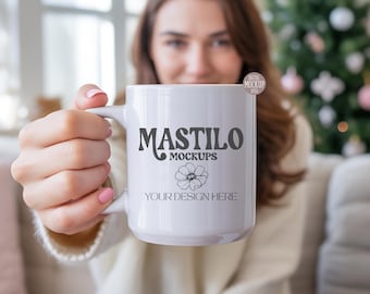 15oz white ceramic mug Christmas MOCKUP PHOTO, Printify POD white mug mockup, Modeled Printful mugs ceramic drinkware, Model Trendy Cozy