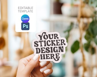 ステッカーモックアップ、ステッカーモックアップCanva、Photoshopステッカーモックアップ、ステッカーモックアップPSDファイル、手持ちステッカーダイカットステッカーモックアップ
