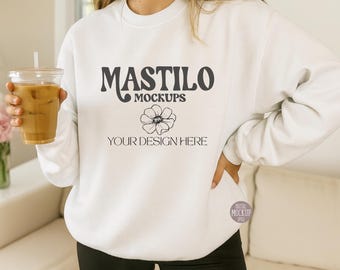 Gildan 18000 Mockup, Gildan White Sweatshirt Mockup, Sweatshirt Model Mockup, Gildan White, 18000 White, Boho Trendy Simple Mockup