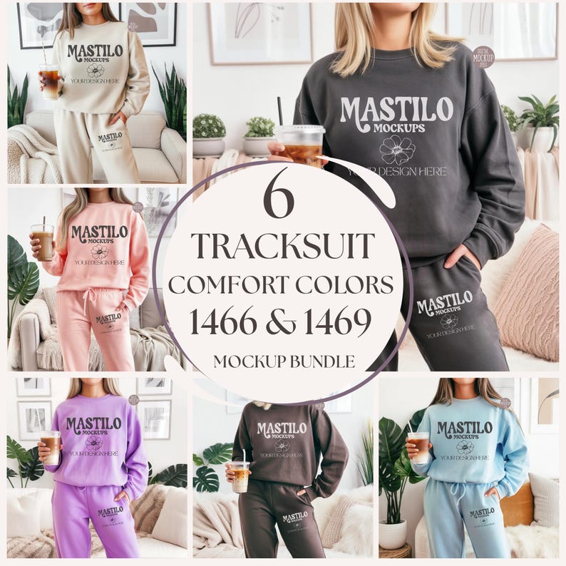 Comfort Colors 1466, 1469 Peachy Tracksuit Mockup Bundle, Sweatsuit Mockup Bundle, CC1469 Fleece Sweatpants, CC1466 Crewneck Sweatshirt