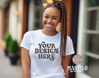 White Bella Canvas 3001 Tshirt Model Mockup, Summer White Shirt Mockup, Black model mockup 3001 White, Black Girl Mockup