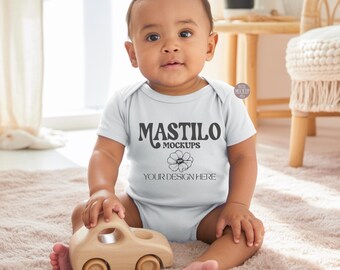 White Baby Bodysuit Mockup: Rabbit Skins 4424, Modelled (JPEG)