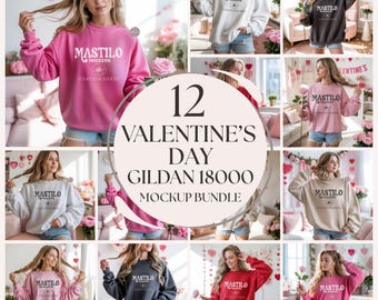 Puede incluir: Un paquete de maquetas con 12 sudaderas Gildan 18000 de San Valentín en varios colores. Cada sudadera muestra el logotipo "Mastilo Mockups" y el texto "Your Design Here". La imagen incluye rosas rosas y rojas.