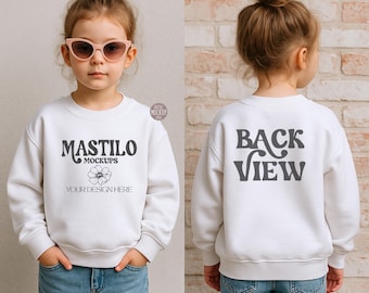 White Gildan 18000B Kids Front and Back Sweatshirt Mockup, Youth Model Mock-up, Print on Demand Mockups, White Kids Sweater Mockup