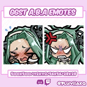 May include: Two digital illustrations of a green-haired character with different facial expressions. The character on the left is blushing and has a worried expression. The character on the right is angry and has a red angry mark above their head. The text "GGST A.B.A EMOTES" is at the top of the image. The text "500X500/112X112/56X56/28X28" is at the bottom of the image.