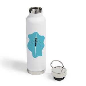 May include: White water bottle with a silver lid and a teal graphic of a rowing crew. The bottle is cylindrical and has a silver base. The lid is off to the side. The graphic is a stylized illustration of a rowing boat.