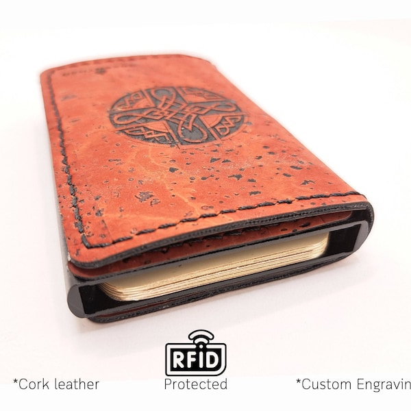 Portefeuille RFID en cuir de liège, gravure de noeud celtique personnalisé