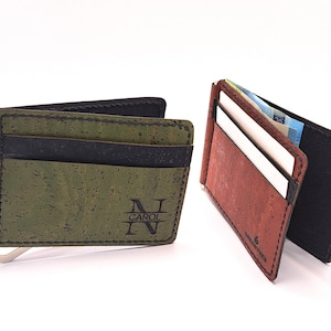 Cartera personalizada con clip para billetes de corcho, cartera delgada y minimalista con clip para billetes, grabado personalizado