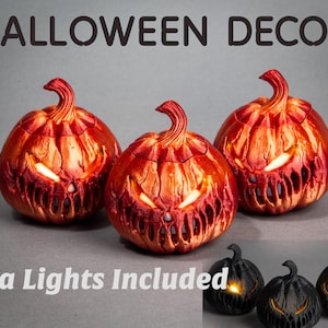 3-Pack Lighted Scary Pumpkins, Halloween Decoration, 3D Printed