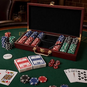 May include: A wooden poker set with a variety of colored chips, dice, and playing cards. The set includes red, blue, green, and black chips, two decks of cards, and a dealer button. The set is displayed on a green felt surface.