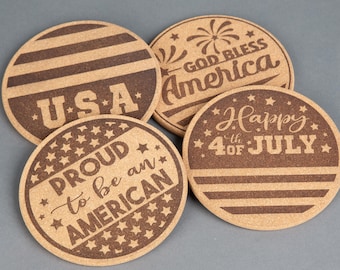 4th of July Cork Trivet Set – Laser Engraved USA Designs, Heat-Resistant 6" Rounds
